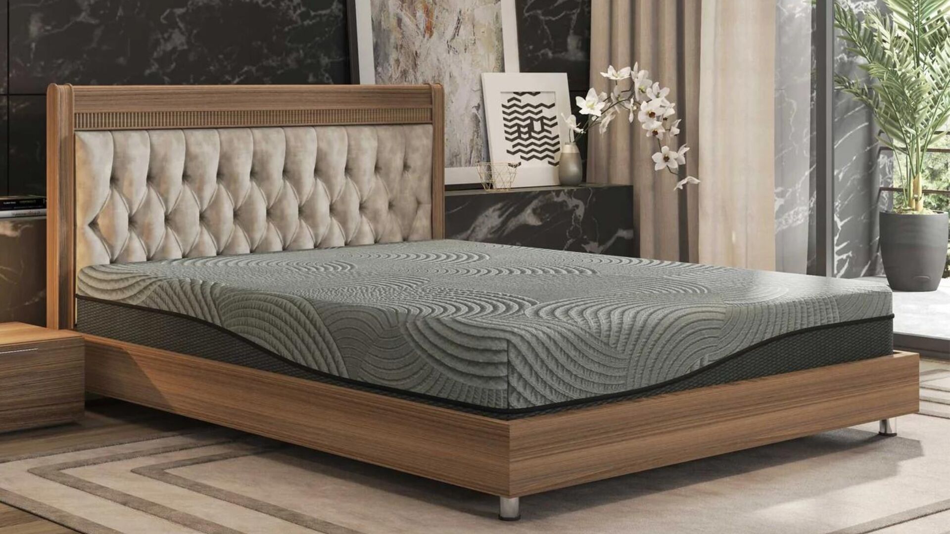 Stylish bedroom with tufted headboard, green accents, and luxurious details for modern comfort.