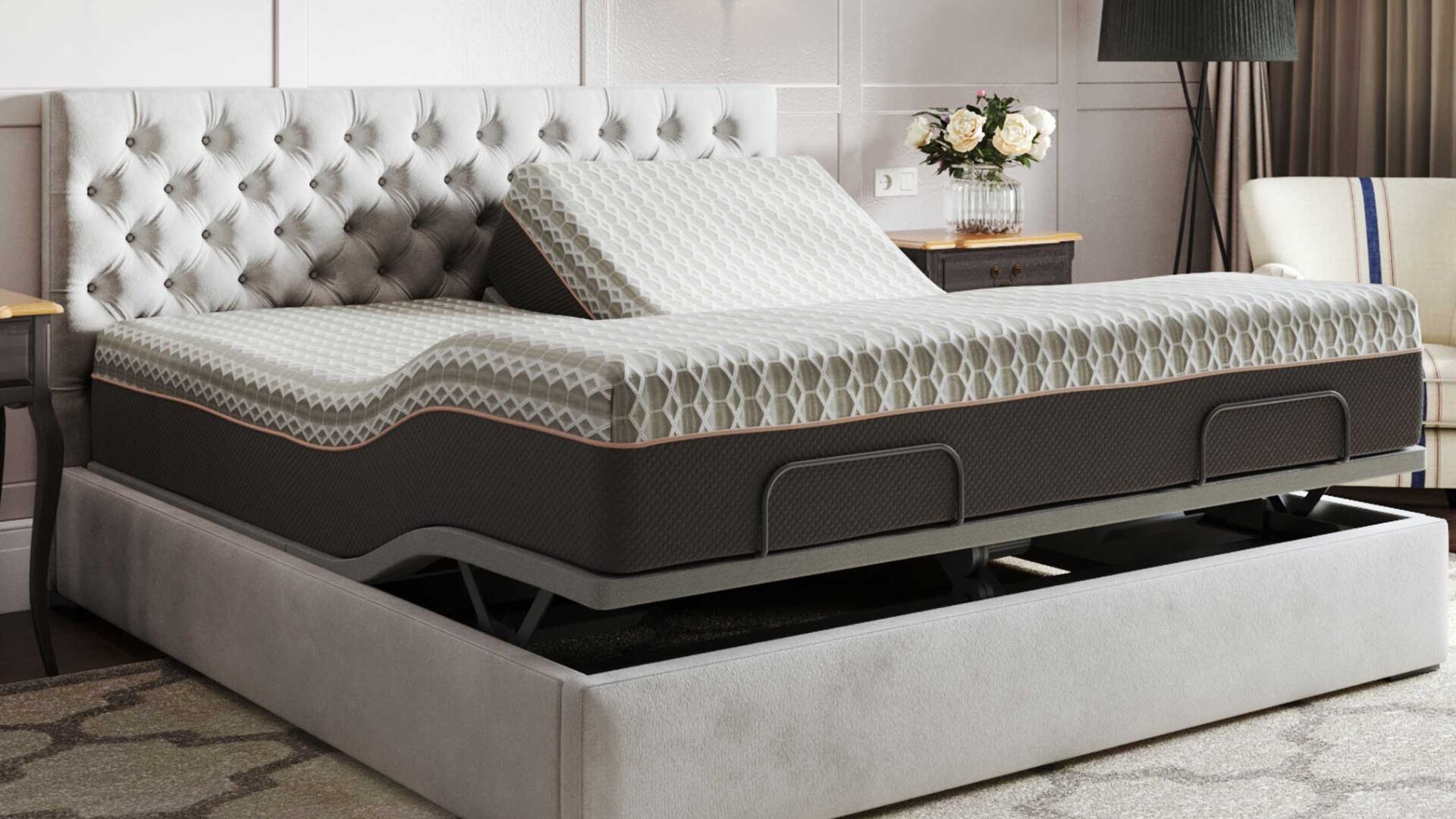 Modern adjustable bed with gray tufted headboard in stylish tranquil bedroom setting.