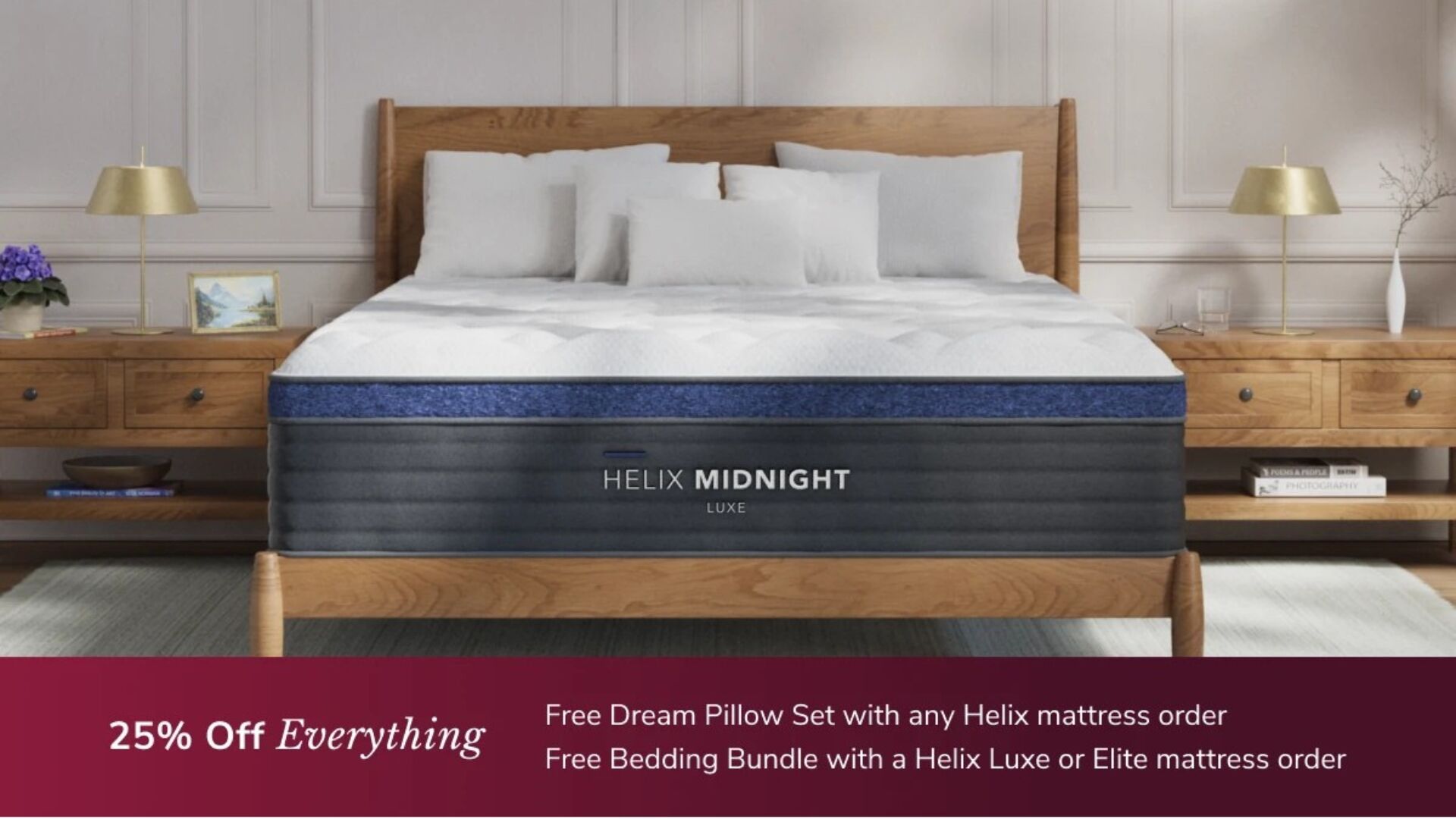 Helix Midnight mattress on wooden frame with discount offer and free Dream Pillow Set.