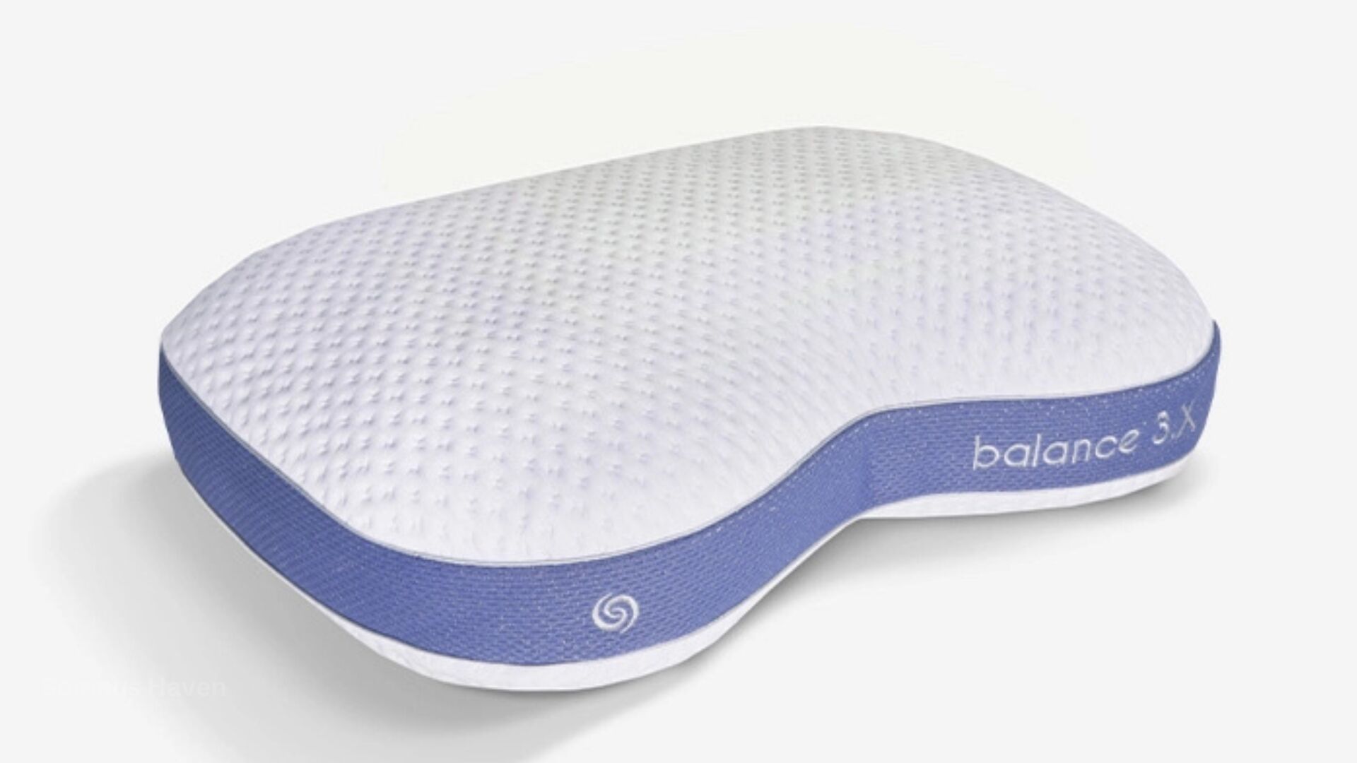 Ergonomic memory foam pillow with neck support, white and blue, branded balance.