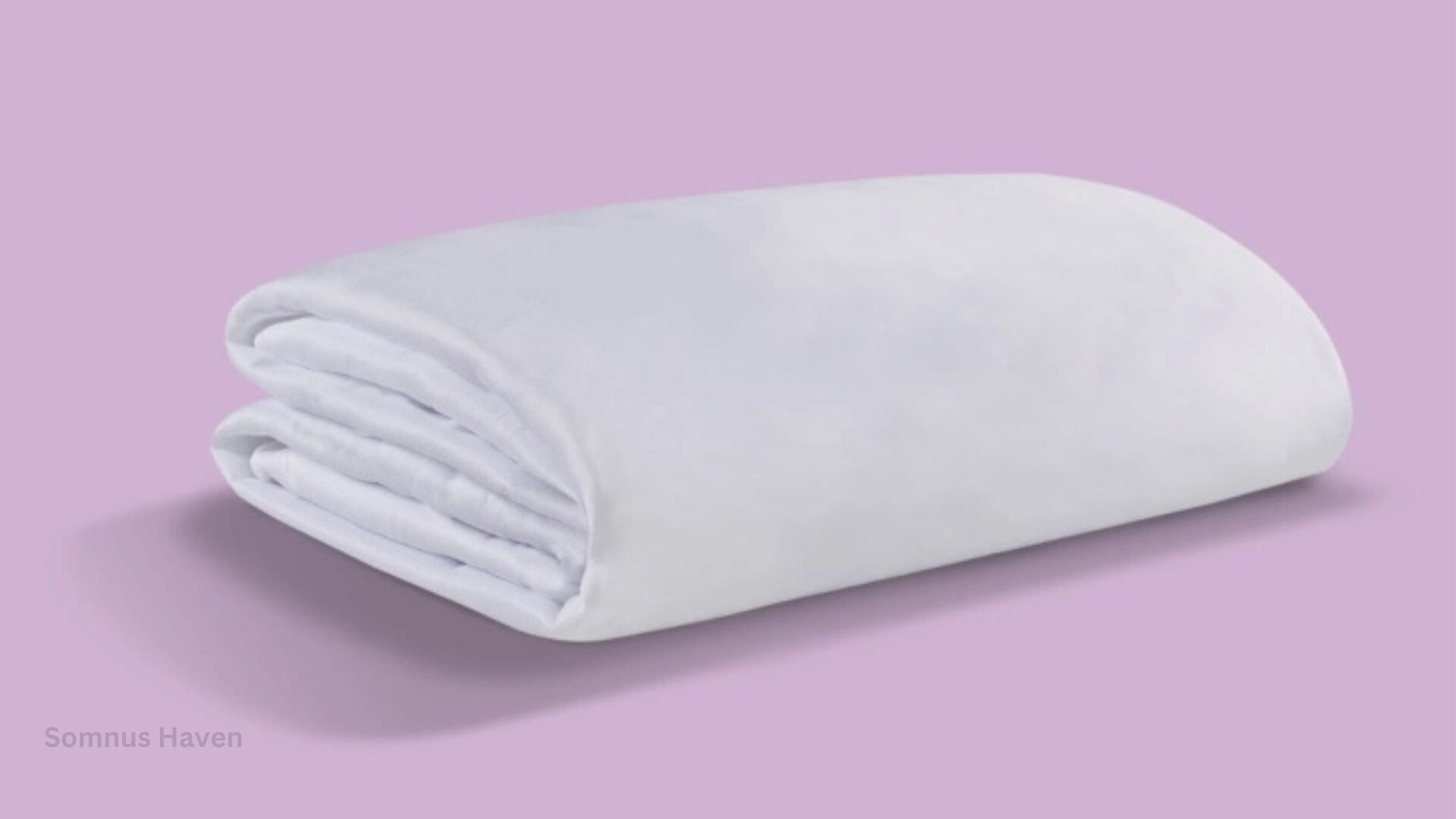 Plush white blanket on pastel purple background; cozy, serene, and inviting.