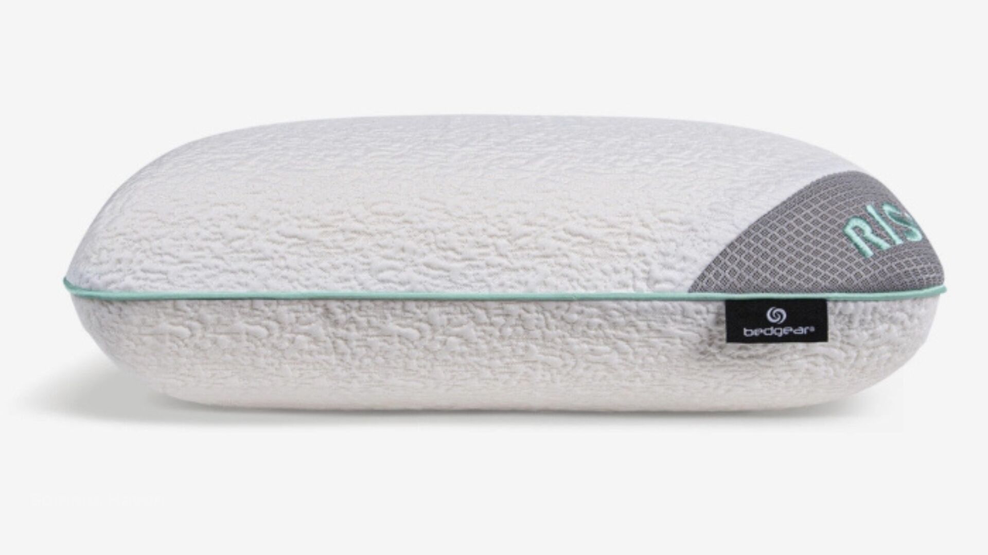 Modern ergonomic pillow with plush gray cover, aqua accents, and supportive design for better sleep.