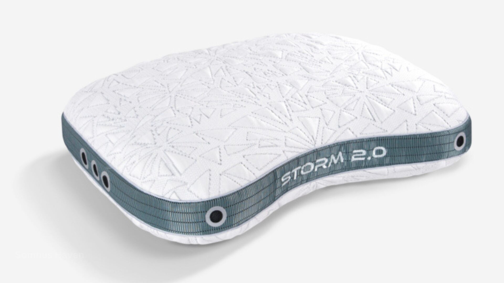 Ergonomic STORM 2.0 pillow with contour support, geometric pattern, and cooling ventilation.