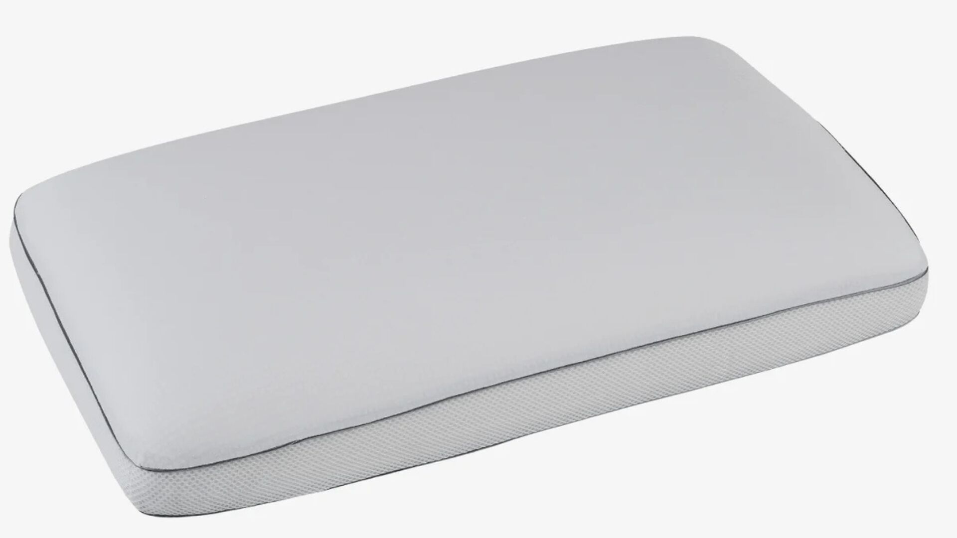 Gray orthopedic pillow for restful sleep in all positions; sleek design suits any bedroom decor.