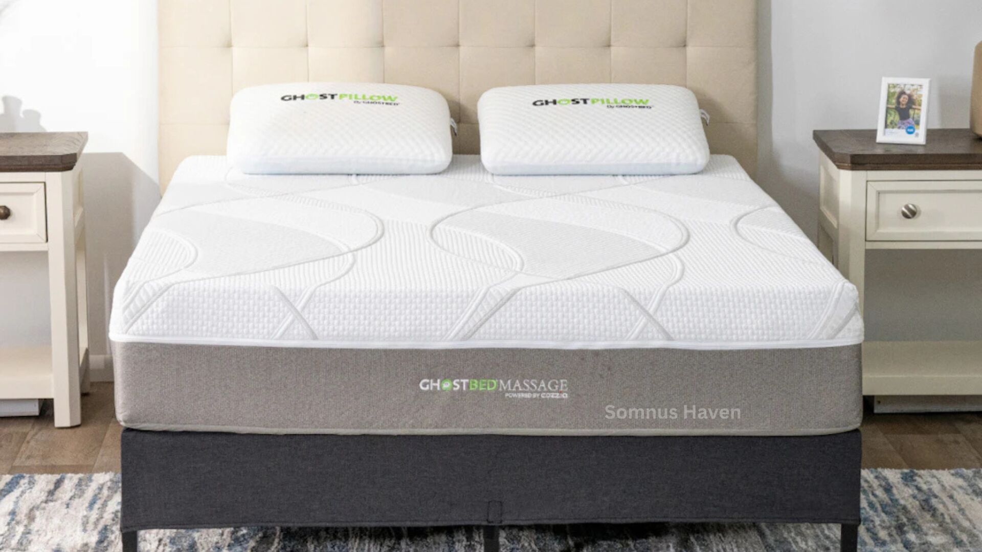Modern bedroom with Somnus Haven mattress, tufted headboard, minimalist nightstands, and patterned rug.