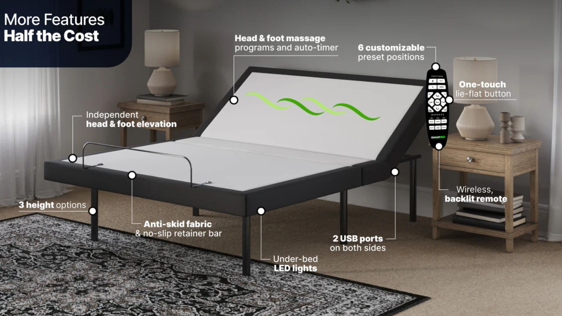 Modern adjustable bed with LED lights, massage features, USB ports, and customizable comforts.