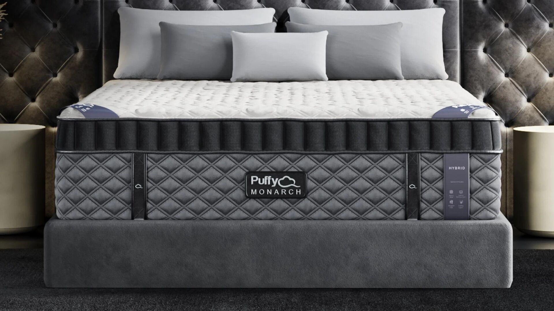 Luxurious Puffy MONARCH mattress on elegant bed in modern, serene gray bedroom.