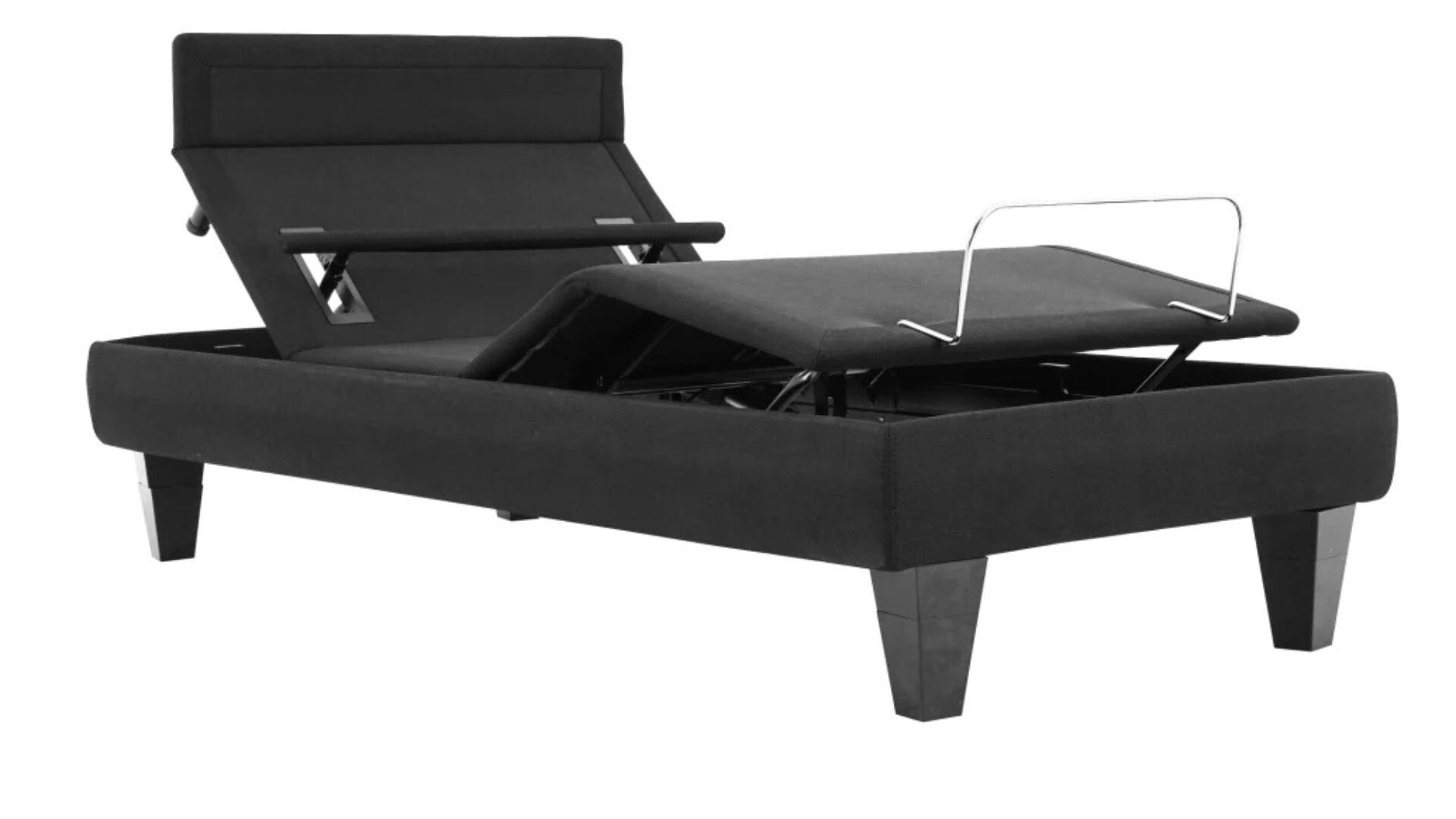 Modern adjustable bed frame with sleek design, black upholstery, and functional comfort features.