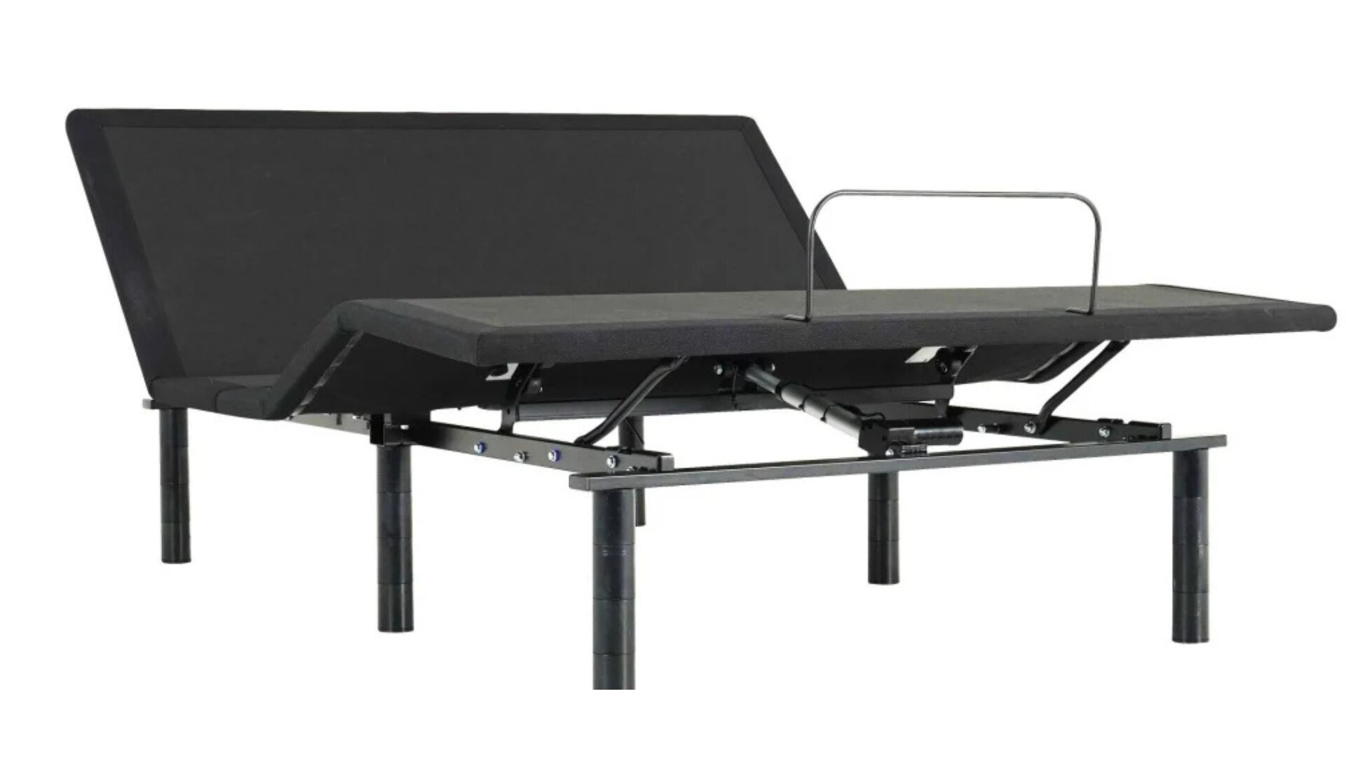 Minimalist black metal adjustable bed frame with ergonomic backrest and manual adjustment handle.