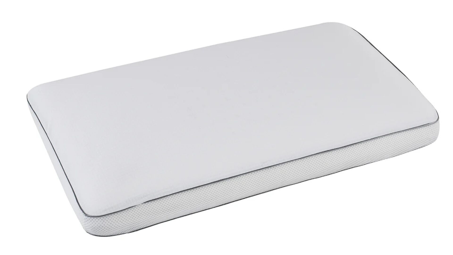White rectangular pillow with blue trim, minimalist design, comfortable for all sleeping positions.