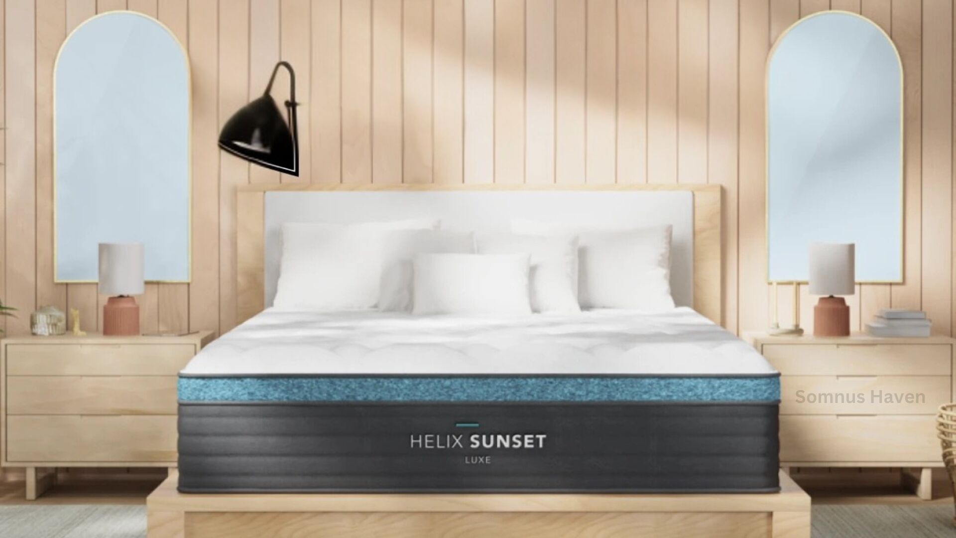 Modern bedroom with Helix Sunset mattress, light wood frame, minimalist decor, and arched windows.