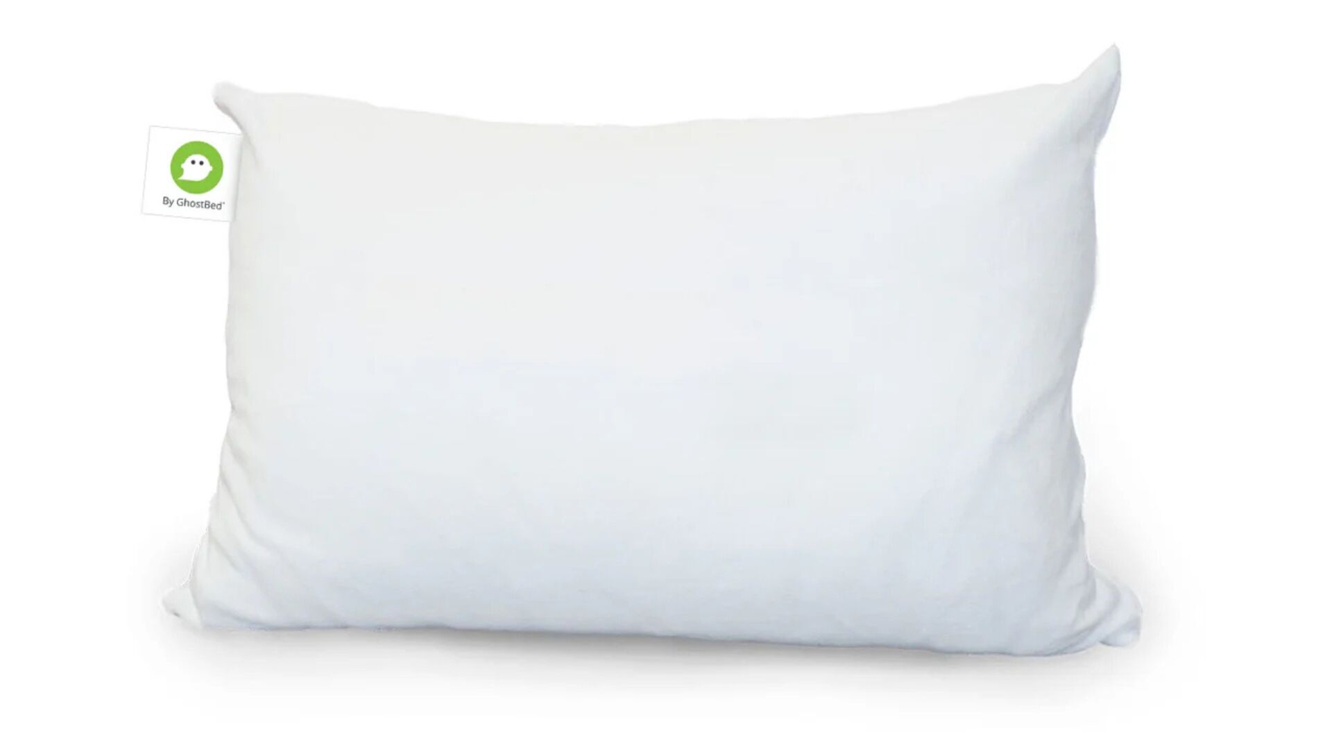 Eco-friendly white pillow, soft fabric, bright green logo tag, comfort for all sleep positions.