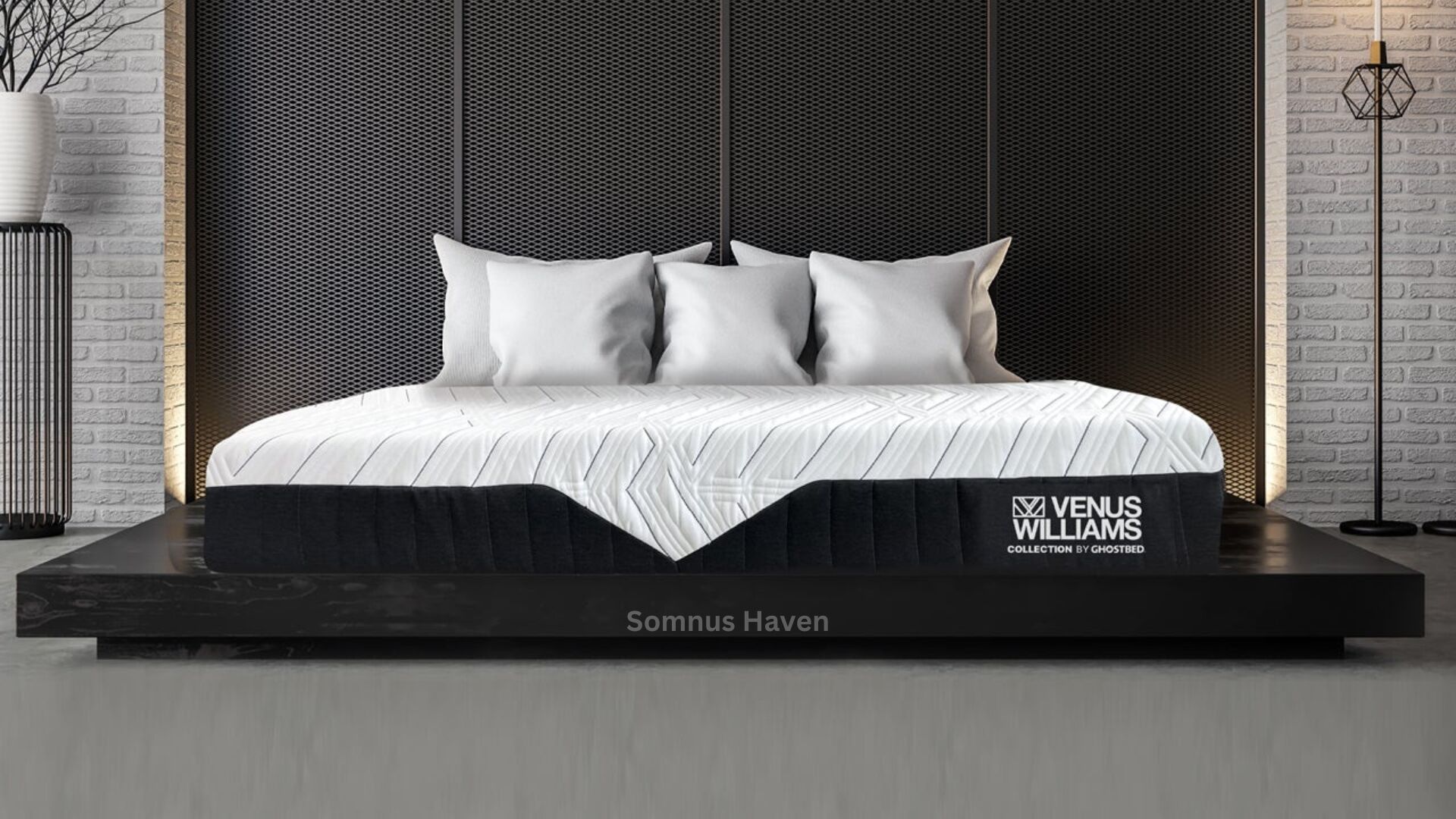 Modern bedroom with Venus Williams Somnus Haven mattress, dark wood bed, and cozy white pillows.