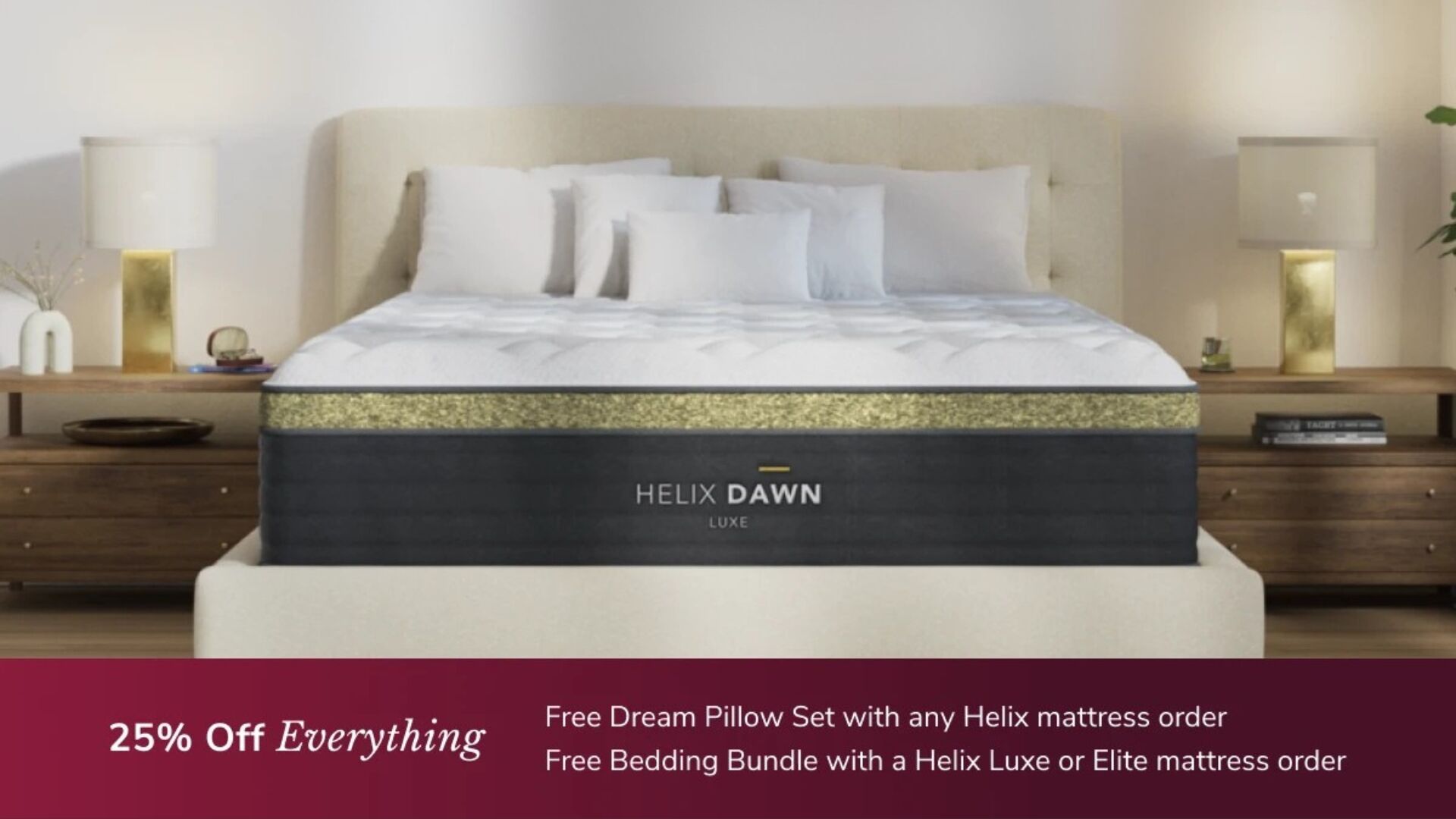 Luxurious Helix Dawn mattress sale: 25% off with free Dream Pillow Set and Bedding Bundle.
