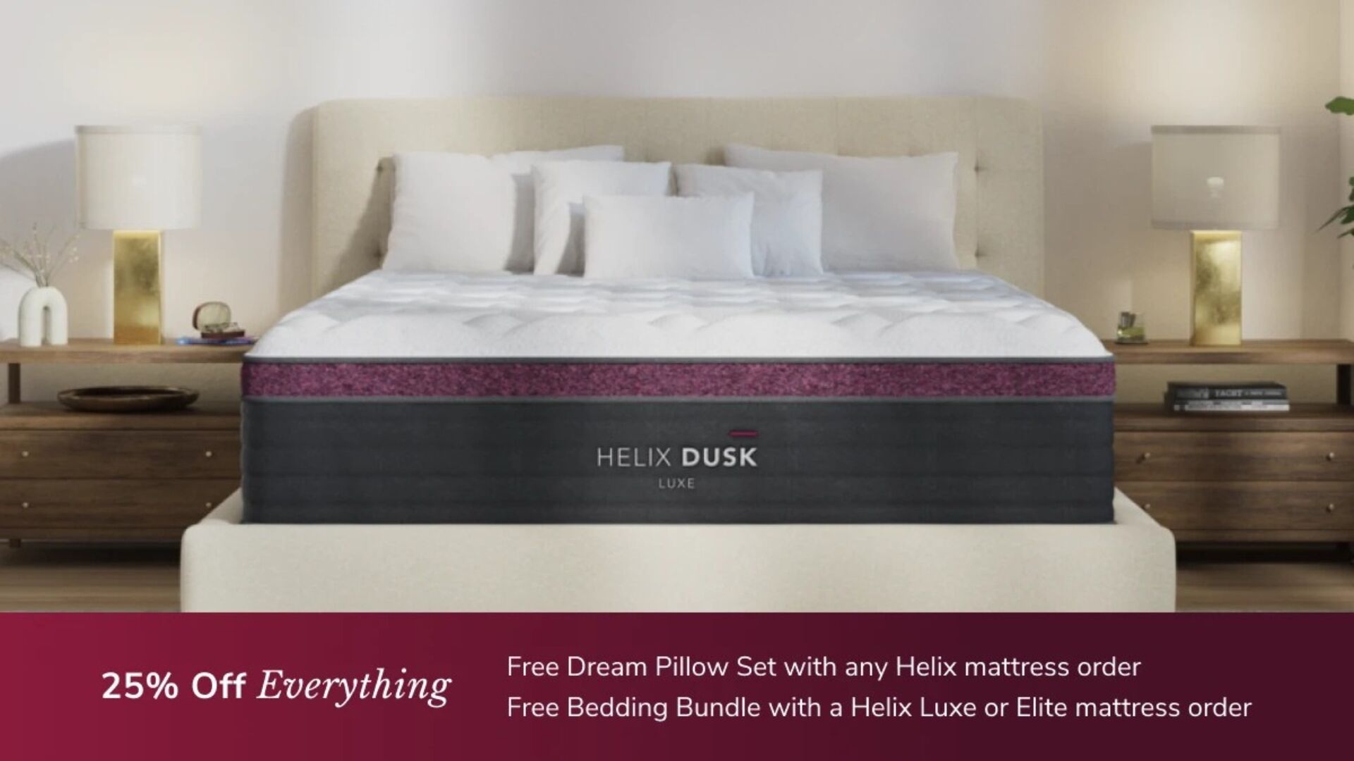 Modern bedroom with Helix Dusk mattress, burgundy accents, cozy pillows, and ambient lighting.