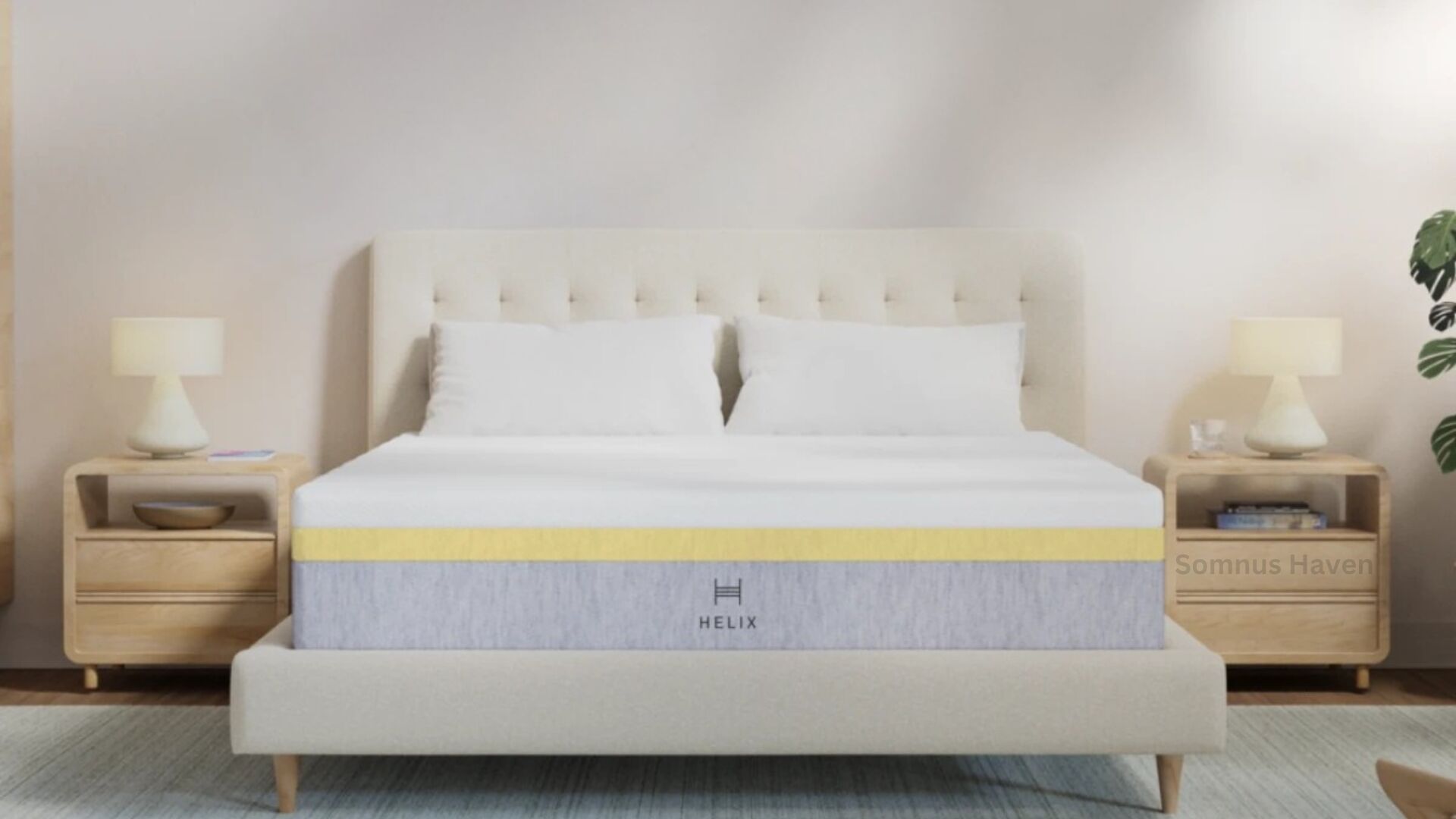 Minimalist bedroom featuring a modern Helix mattress with plush headboard and stylish nightstands.