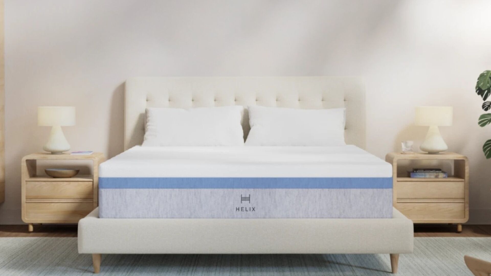 Modern bedroom with RELAX mattress, cream tufted headboard, and light blue rug.