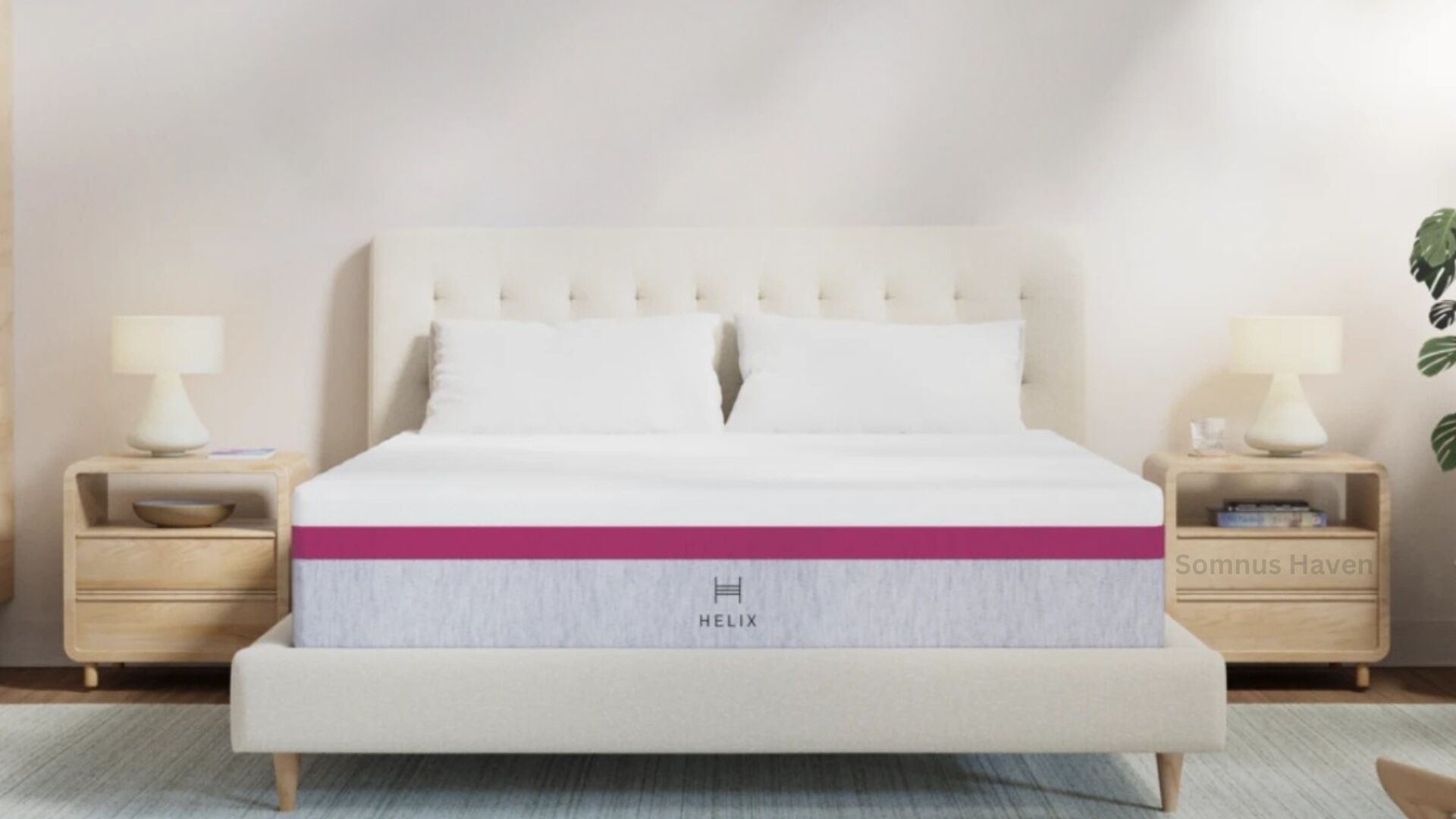 Modern bedroom with cream headboard, gray mattress, pink accents, and wood furniture.