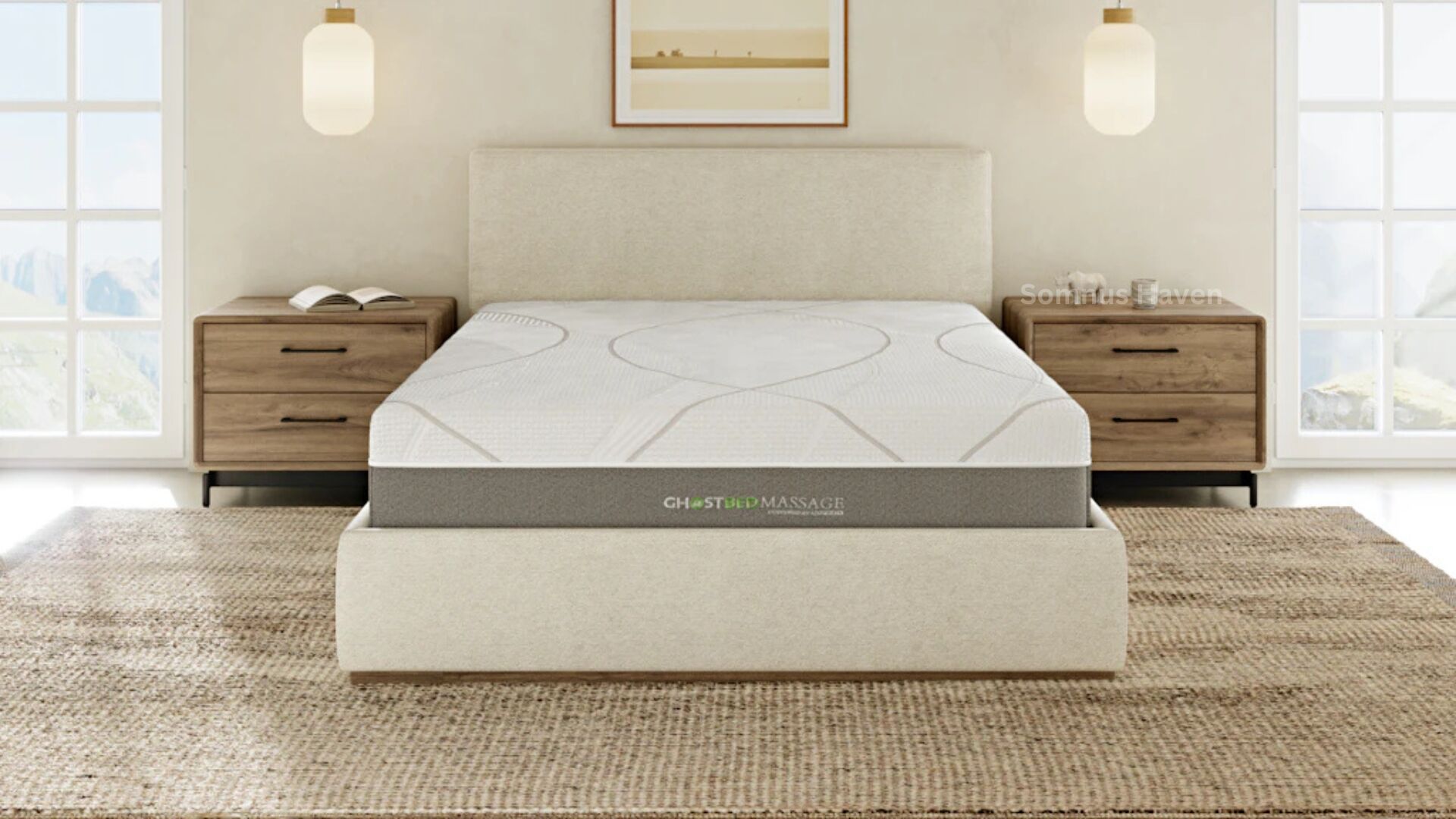 Modern bedroom with plush bed, warm lighting, and serene decor featuring natural elements.